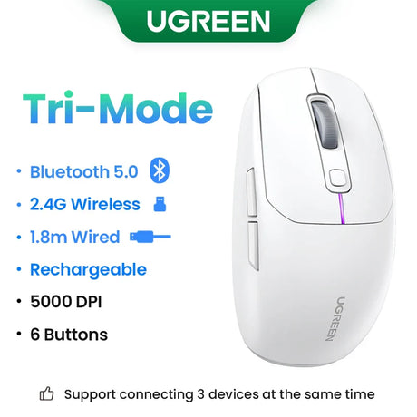 White wireless computer mouse with multiple connectivity options and buttons.