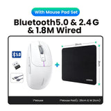 White wireless computer mouse with a black mousepad.