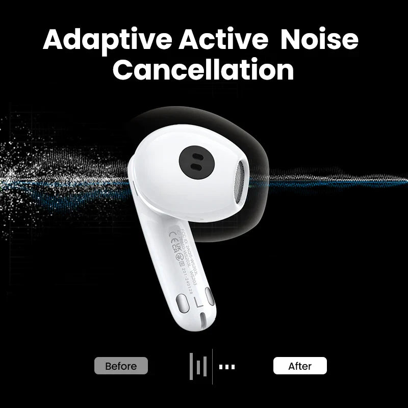 White wireless earbud with a black silicone tip.