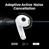 White wireless earbud with a black silicone tip.