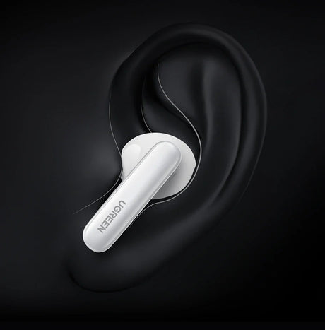 White wireless earbud inserted in a stylized ear shape.