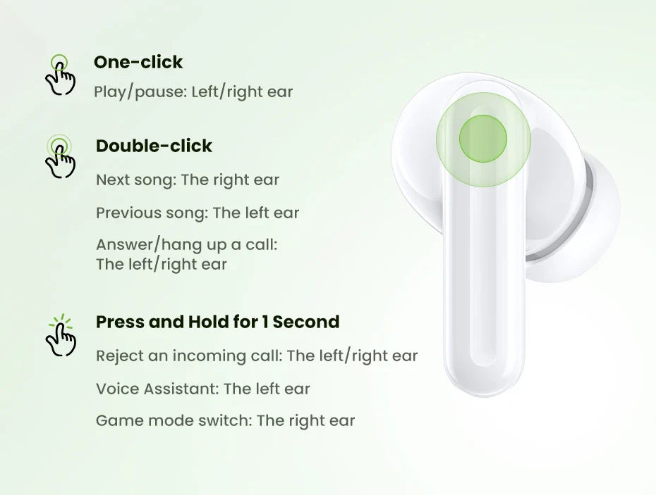 White wireless earbud with touch controls.