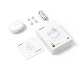 White wireless earbuds with accessories.