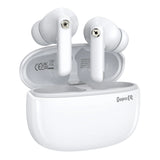 White wireless earbuds with a charging case.