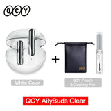 White wireless earbuds with charging case, pouch, and cleaning pen.