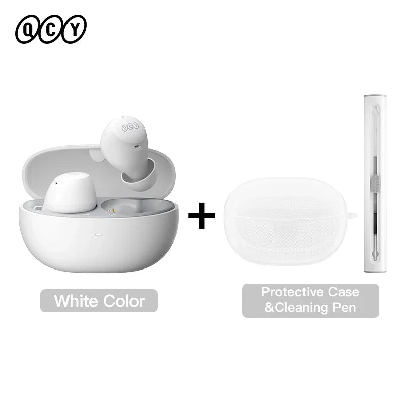 White wireless earbuds with charging case and cleaning pen.