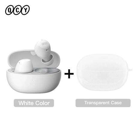 White wireless earbuds with charging case and transparent protective case.