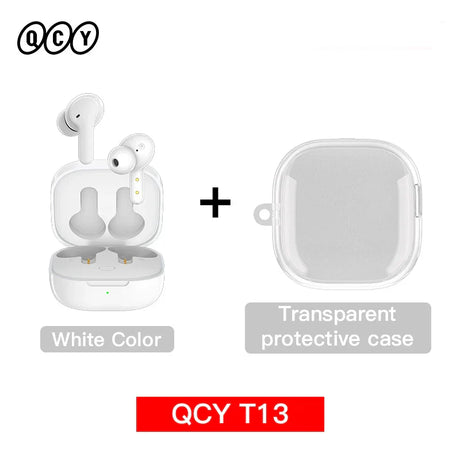 White wireless earbuds with charging case and transparent protective case.