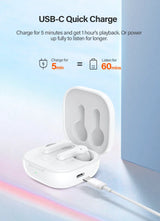 White wireless earbuds and charging case.