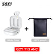 White wireless earbuds with charging case and black pouch.