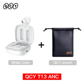 White wireless earbuds with charging case and black pouch.