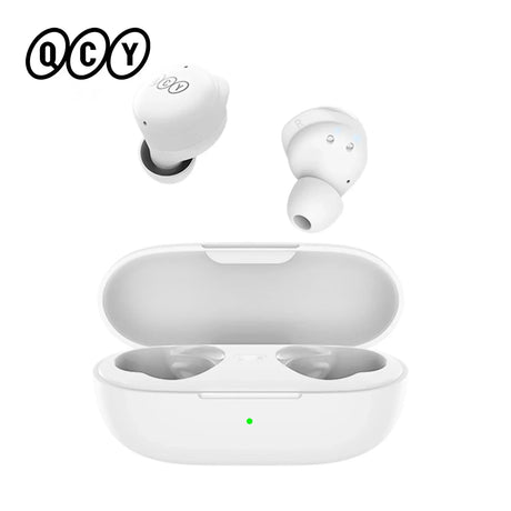 White wireless earbuds and charging case.