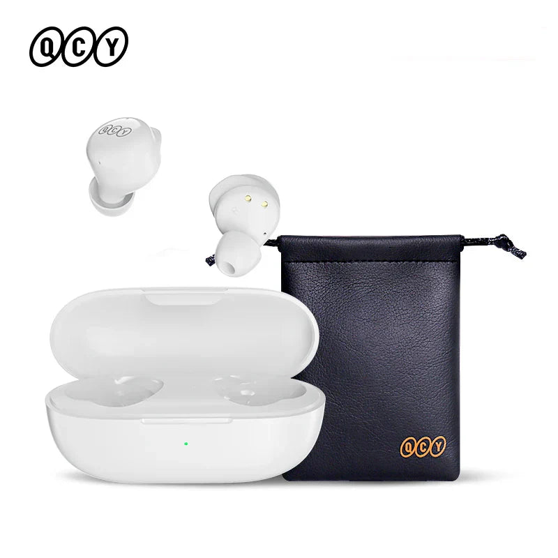 White wireless earbuds with charging case and carrying pouch.
