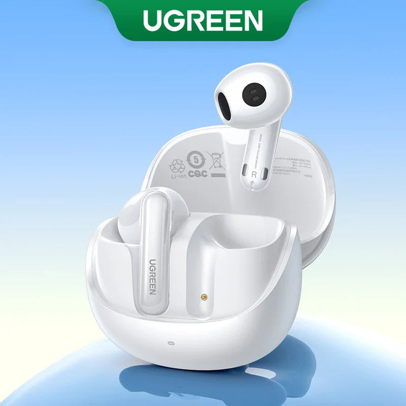 White wireless earbuds with charging case from the brand UGREEN.