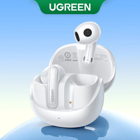 White wireless earbuds with charging case from the brand UGREEN.