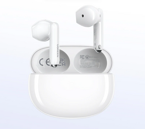 White wireless earbuds and charging case.