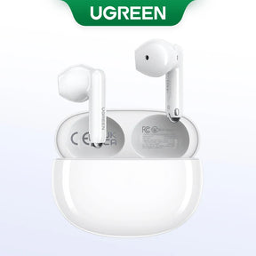 White wireless earbuds and charging case.