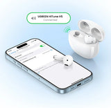 White wireless earbuds and charging case.