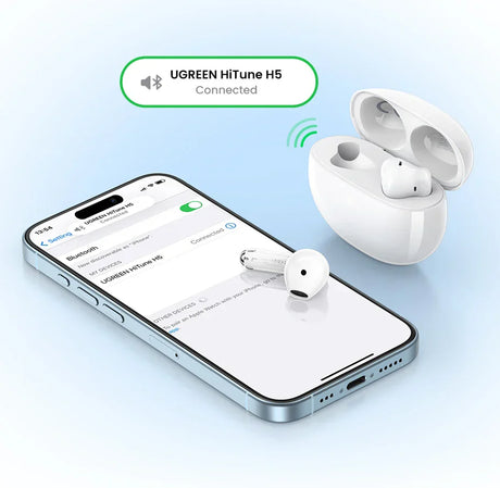 White wireless earbuds and charging case.