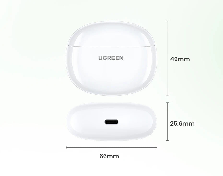 White wireless earbuds case with ’UGREEN’ branding and dimensions labeled.