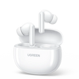 White wireless earbuds with a charging case branded ’UGREEN’.