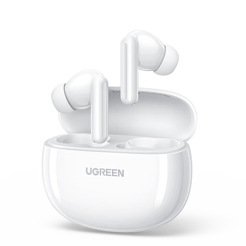 White wireless earbuds with a charging case branded ’UGREEN’.