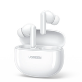 White wireless earbuds with a charging case branded ’UGREEN’.