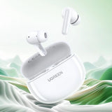 White wireless earbuds in a charging case branded ’UGREEN’.