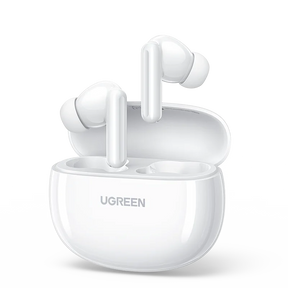 White wireless earbuds with a charging case branded ’UGREEN’.