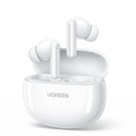White wireless earbuds with a charging case branded ’UGREEN’.