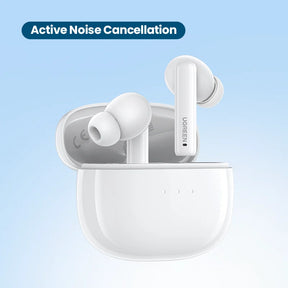 White wireless earbuds with their charging case.