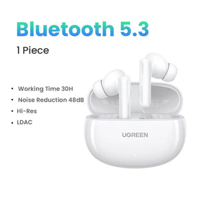 White wireless earbuds with charging case.