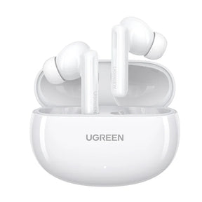 White wireless earbuds in charging case.