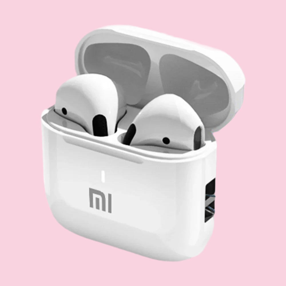 White wireless earbuds in a charging case with the ’mi’ logo.