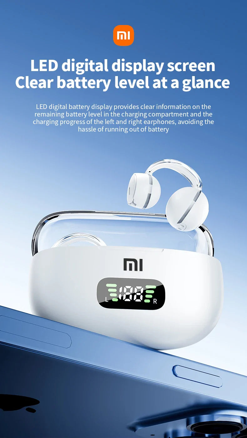 White wireless earbuds charging case with an LED digital display showing battery level.