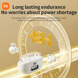 White wireless earbuds with a charging case featuring the Mi logo.