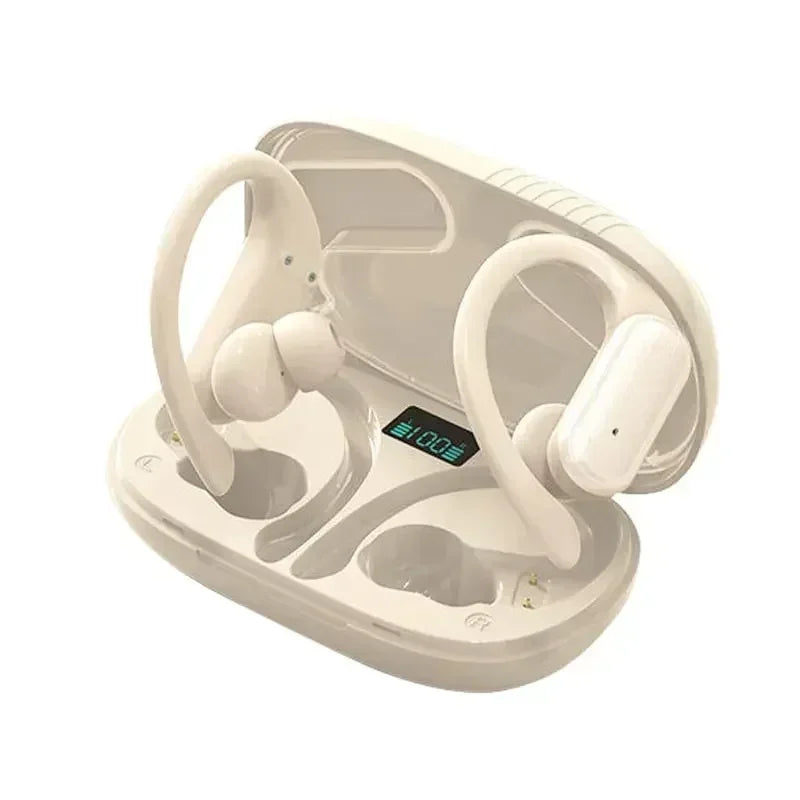 White wireless earbuds with ear hooks in an open charging case.