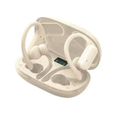 White wireless earbuds with ear hooks in an open charging case.