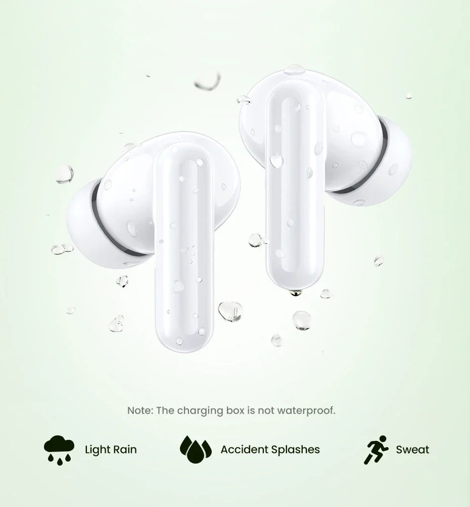 White wireless earbuds with elongated stems.