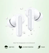 White wireless earbuds with elongated stems.