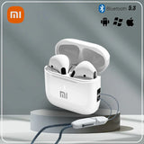 White wireless earbuds in an open charging case with the Xiaomi (Mi) logo.