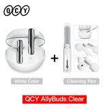 White wireless earbuds with cleaning pen.