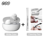 White wireless earbuds with cleaning pen.