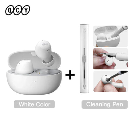 White wireless earbuds with cleaning pen.