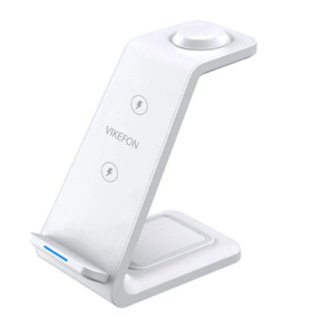 White wireless charging stand with the brand name ’VIKEFON’ visible.