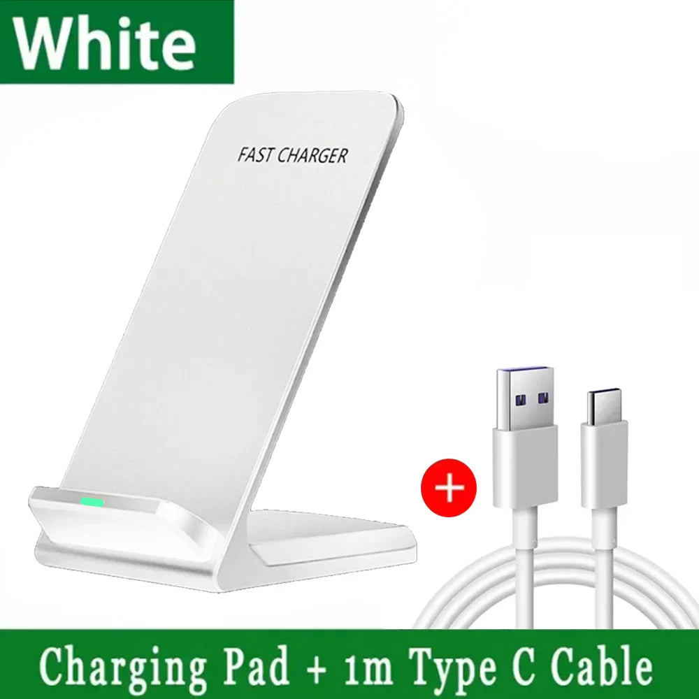 White wireless charging stand with ’FAST CHARGER’ text and a green indicator light.