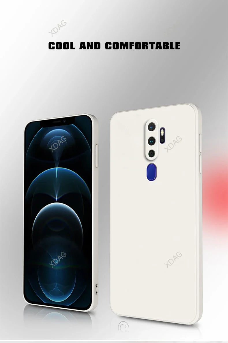 Back side of white straight edge silicone phone case for OPPO with smooth finish and blue circular accent below camera