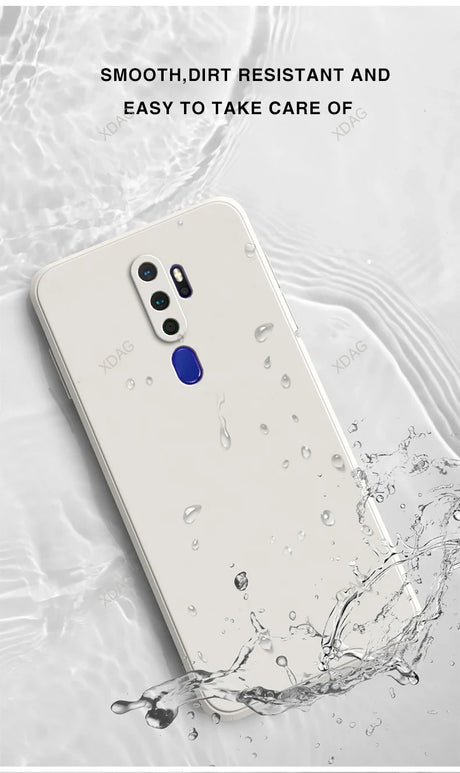 Back side of white xda g smartphone with blue fingerprint sensor in straight edge silicone phone case for oppo a5 a9 a11 5g