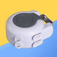 a white speaker with a yellow background
