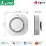White Zigbee smoke detector with dimensions.